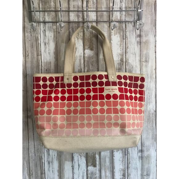 KATE SPADE New York Large Beach Canvas Tote Bag Pink Red Ombre Polka Dot Durable - Picture 5 of 12